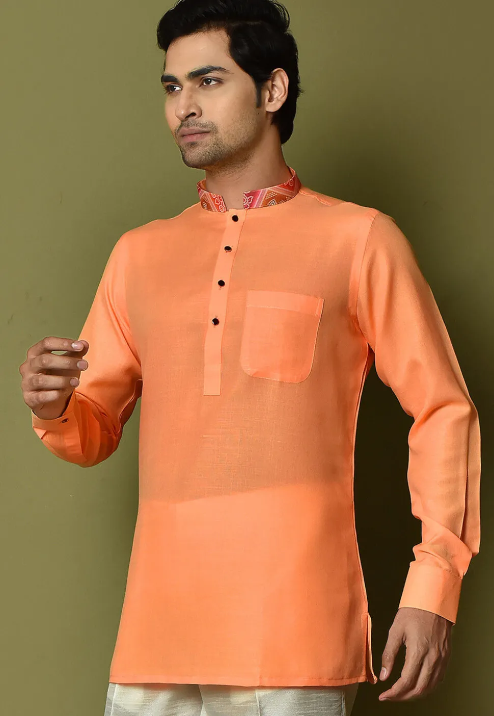 Digital Printed Collar Cotton Short Kurta in Orange