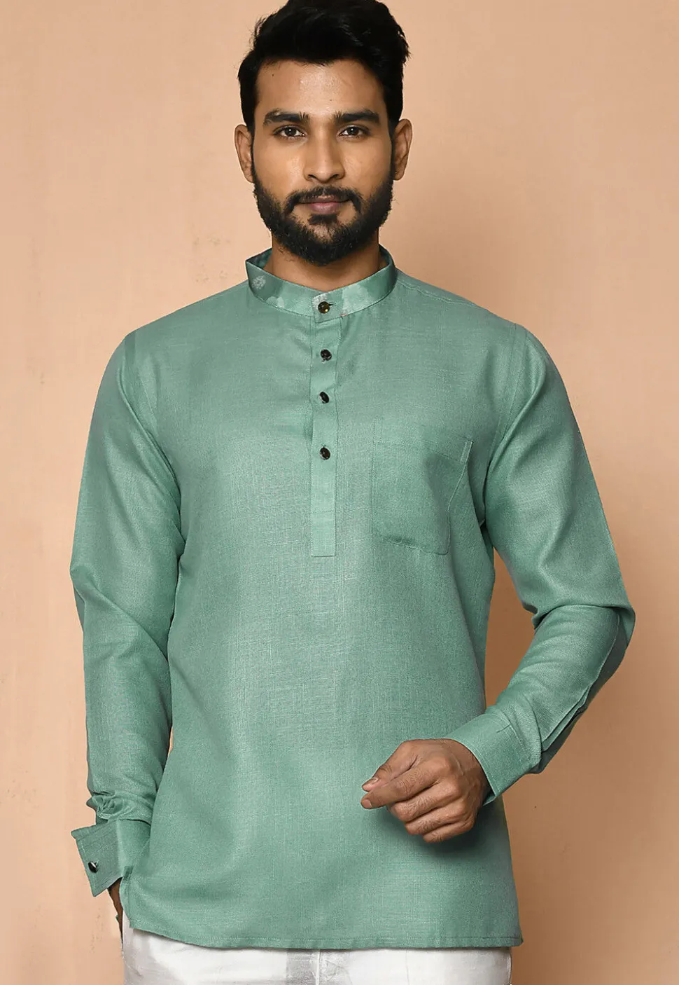 Digital Printed Collar Cotton Short Kurta in Light Teal Green