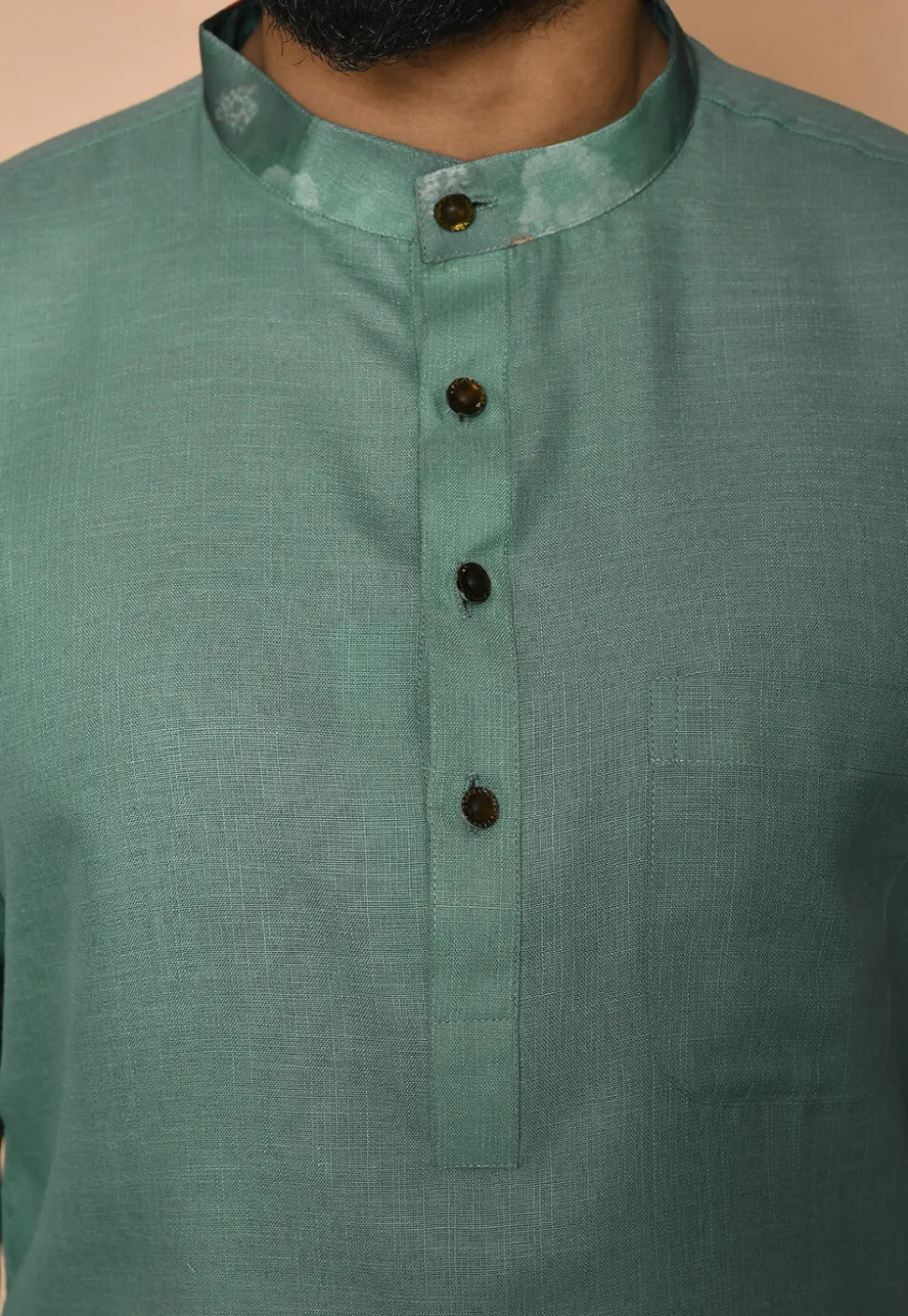 Digital Printed Collar Cotton Short Kurta in Light Teal Green