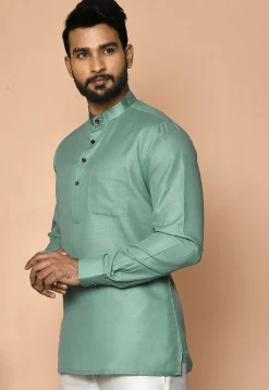 Digital Printed Collar Cotton Short Kurta in Light Teal Green