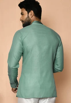 Digital Printed Collar Cotton Short Kurta in Light Teal Green