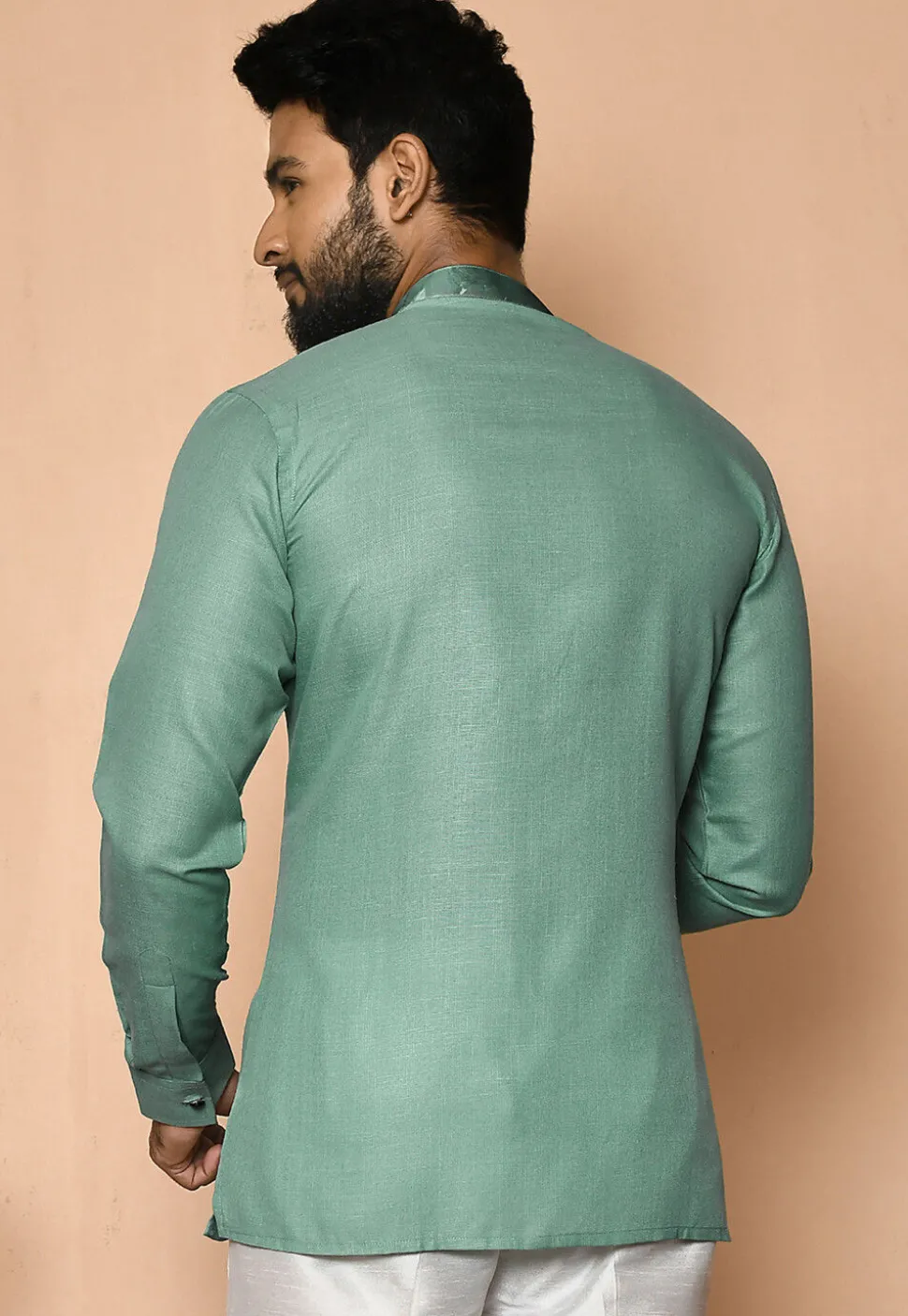 Digital Printed Collar Cotton Short Kurta in Light Teal Green