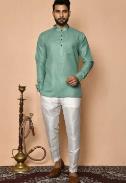 Digital Printed Collar Cotton Short Kurta in Light Teal Green