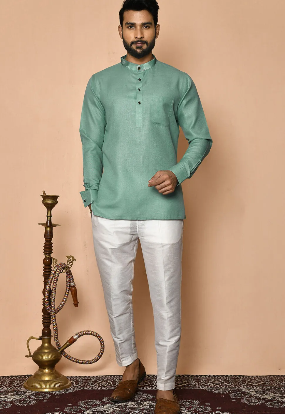 Digital Printed Collar Cotton Short Kurta in Light Teal Green