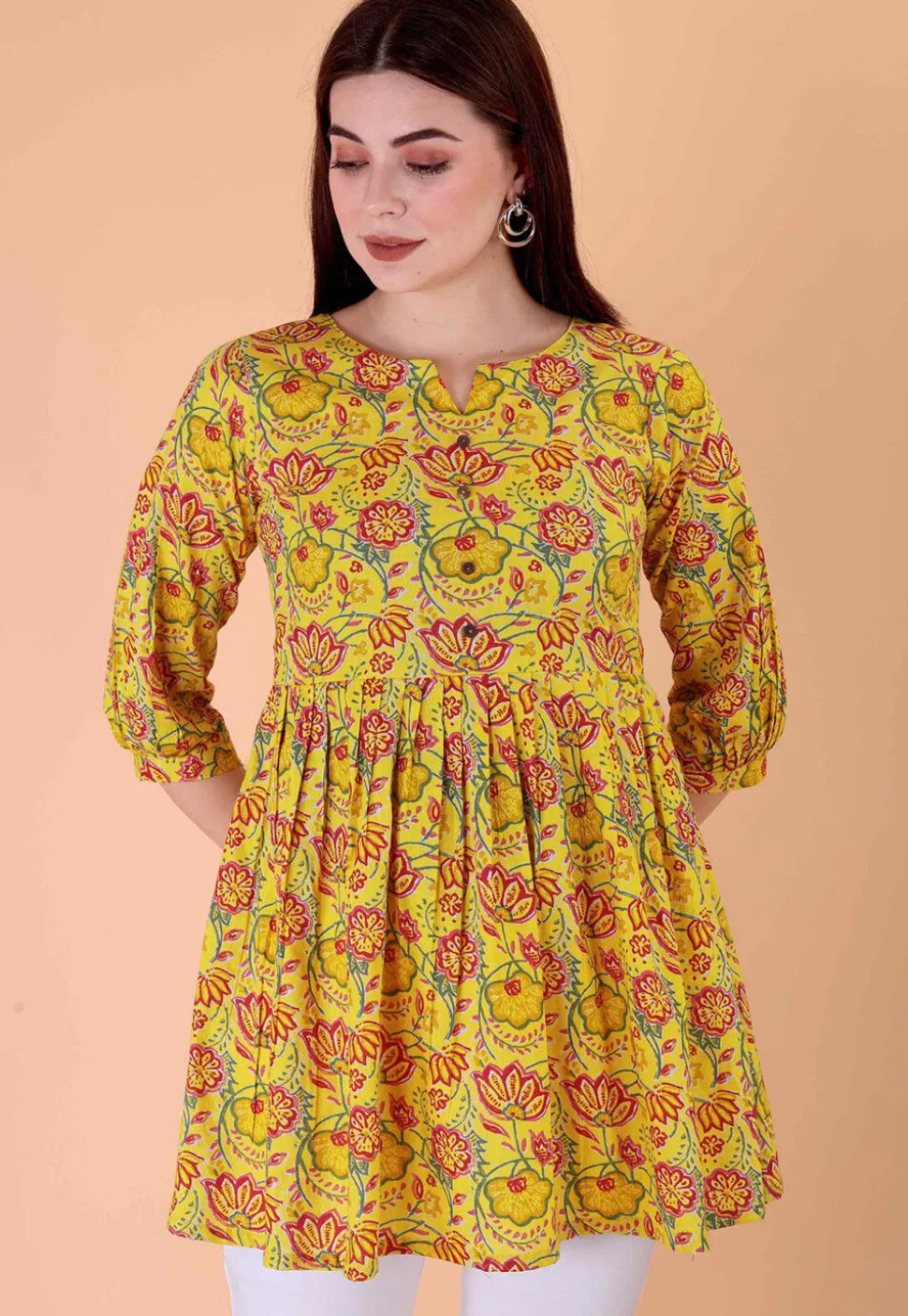 Digital Printed Cotton A Line Kurti in Mustard
