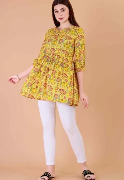 Digital Printed Cotton A Line Kurti in Mustard