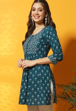 Digital Printed Cotton A Line Kurti in Teal Blue