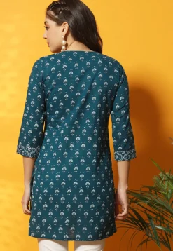 Digital Printed Cotton A Line Kurti in Teal Blue