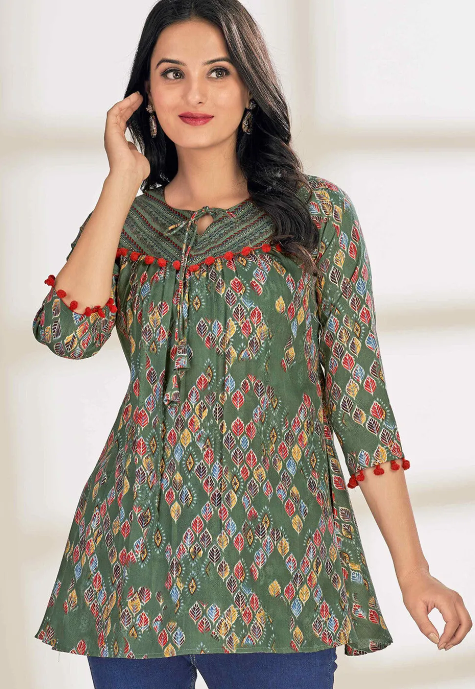 Digital Printed Cotton A Line Kurti in Green