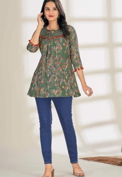 Digital Printed Cotton A Line Kurti in Green