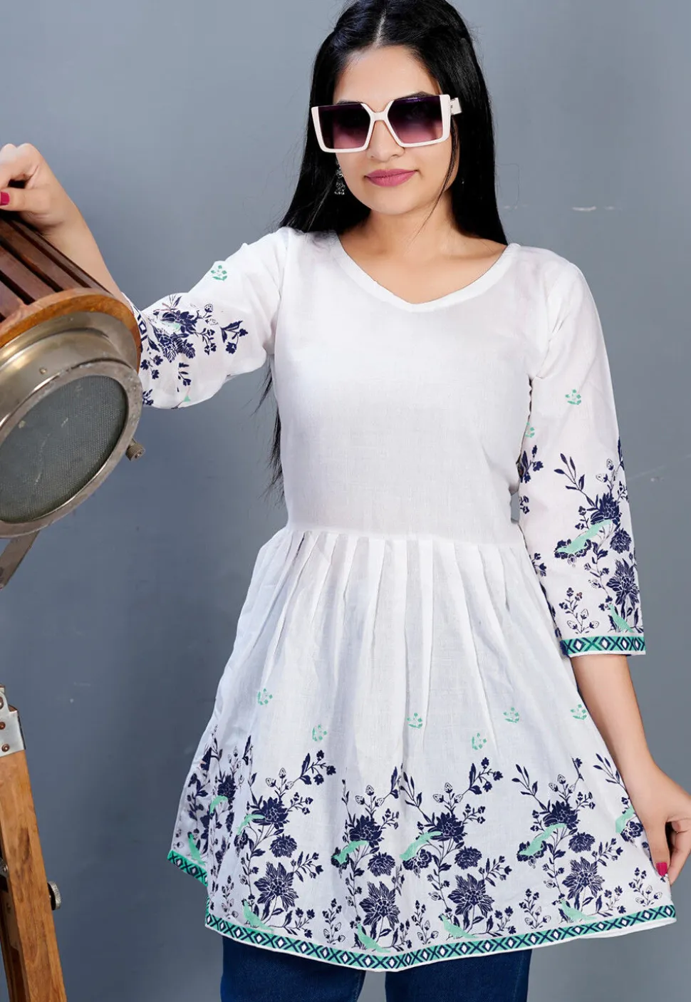 Digital Printed Cotton A Line Kurti in Off White