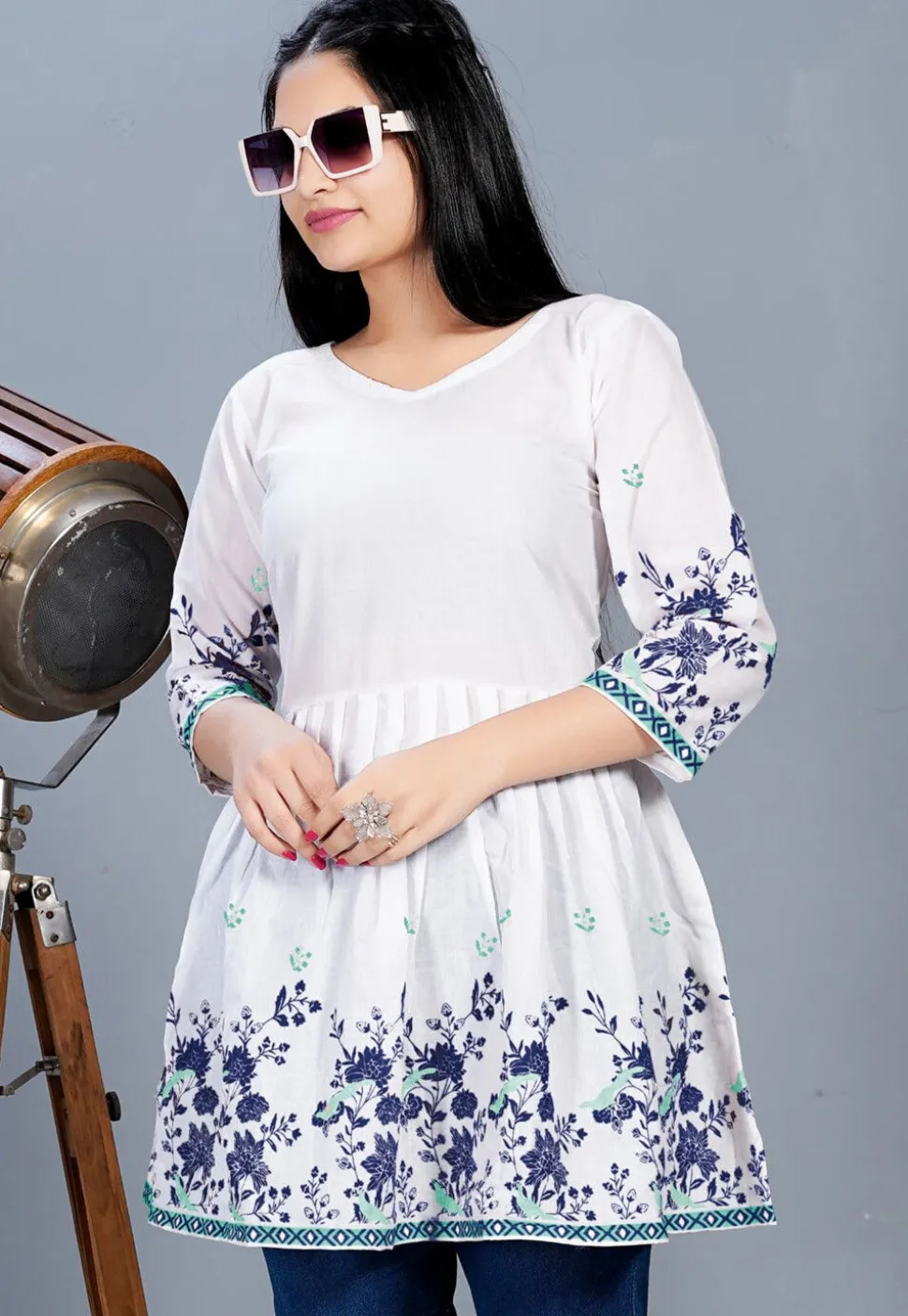 Digital Printed Cotton A Line Kurti in Off White