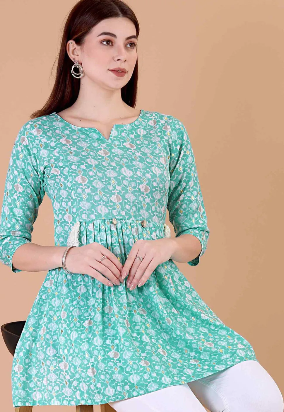 Digital Printed Cotton A Line Kurti in Sky Blue