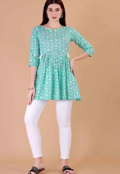 Digital Printed Cotton A Line Kurti in Sky Blue