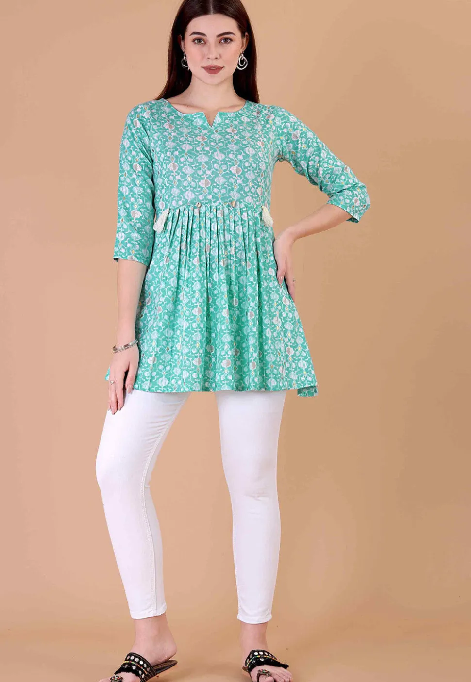 Digital Printed Cotton A Line Kurti in Sky Blue