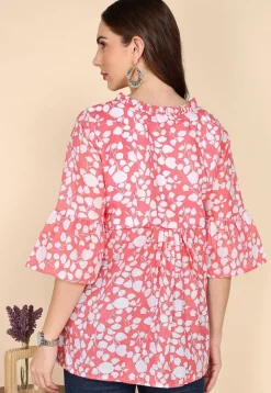 Digital Printed Cotton A Line Kurti in Peach