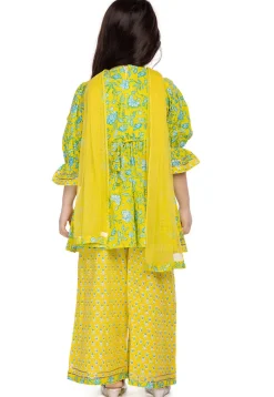 Digital Printed Cotton A Line Suit in Yellow