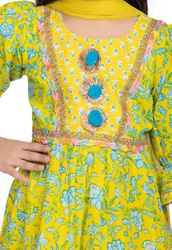 Digital Printed Cotton A Line Suit in Yellow