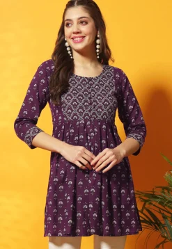 Digital Printed Cotton A Line Kurti in Purple