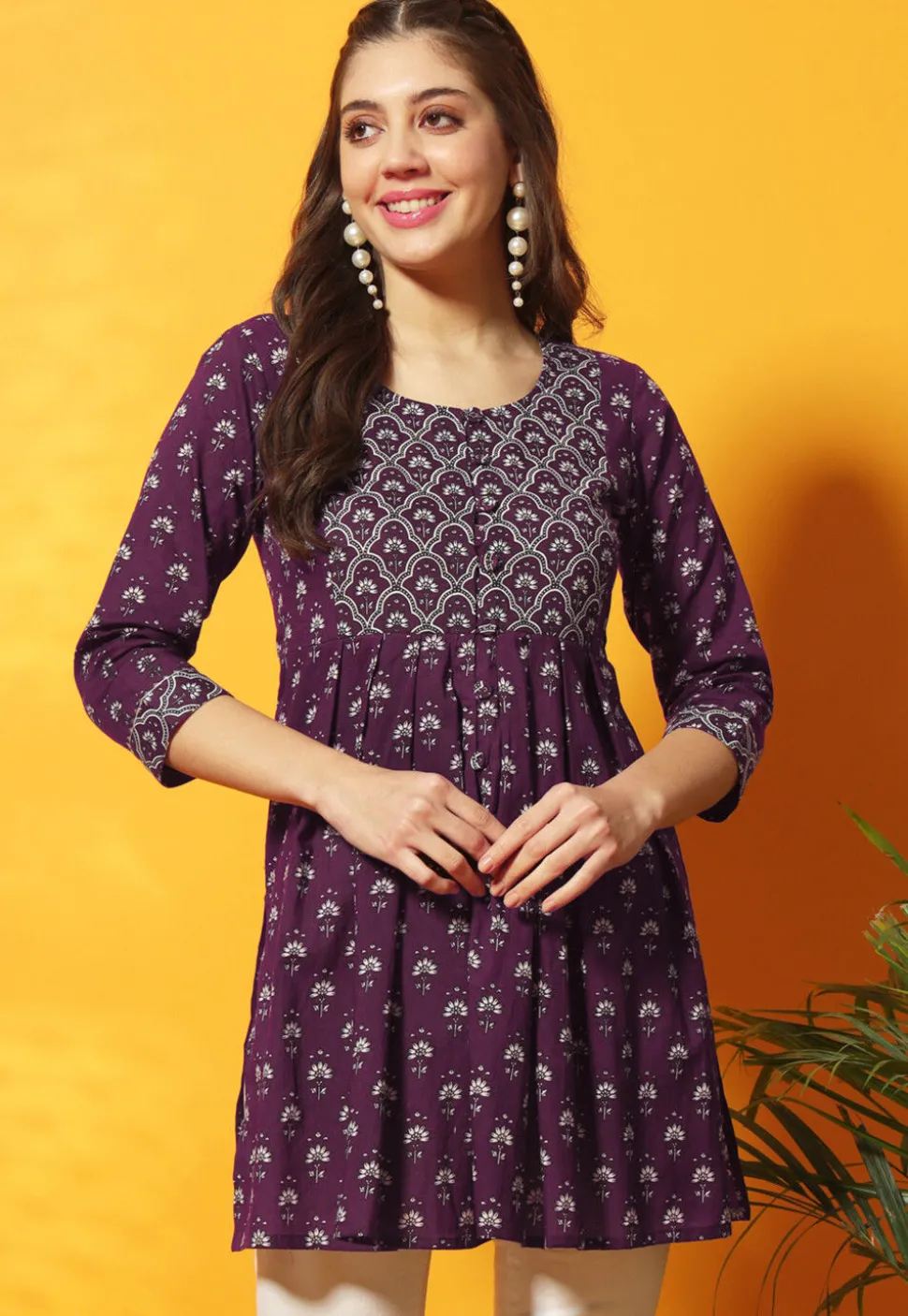 Digital Printed Cotton A Line Kurti in Purple