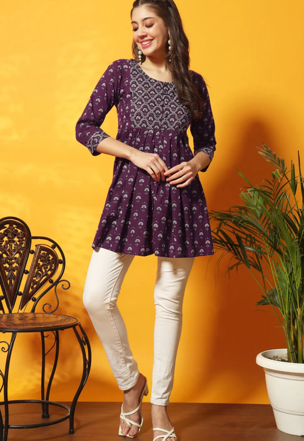 Digital Printed Cotton A Line Kurti in Purple