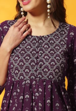 Digital Printed Cotton A Line Kurti in Purple