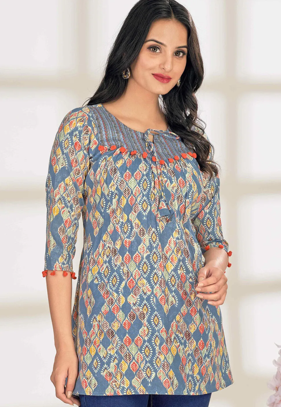Digital Printed Cotton A Line Kurti in Dusty Blue