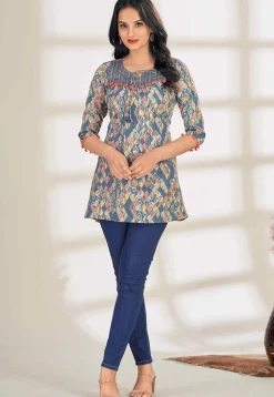 Digital Printed Cotton A Line Kurti in Dusty Blue
