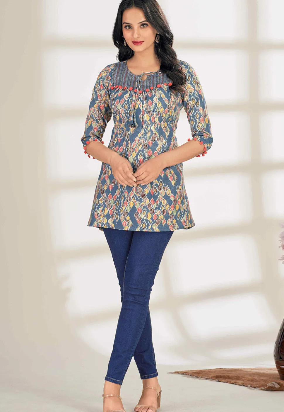 Digital Printed Cotton A Line Kurti in Dusty Blue