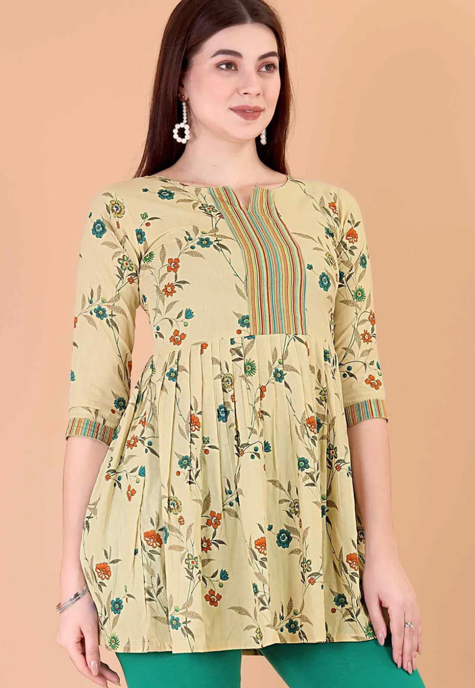 Digital Printed Cotton A Line Kurti in Beige