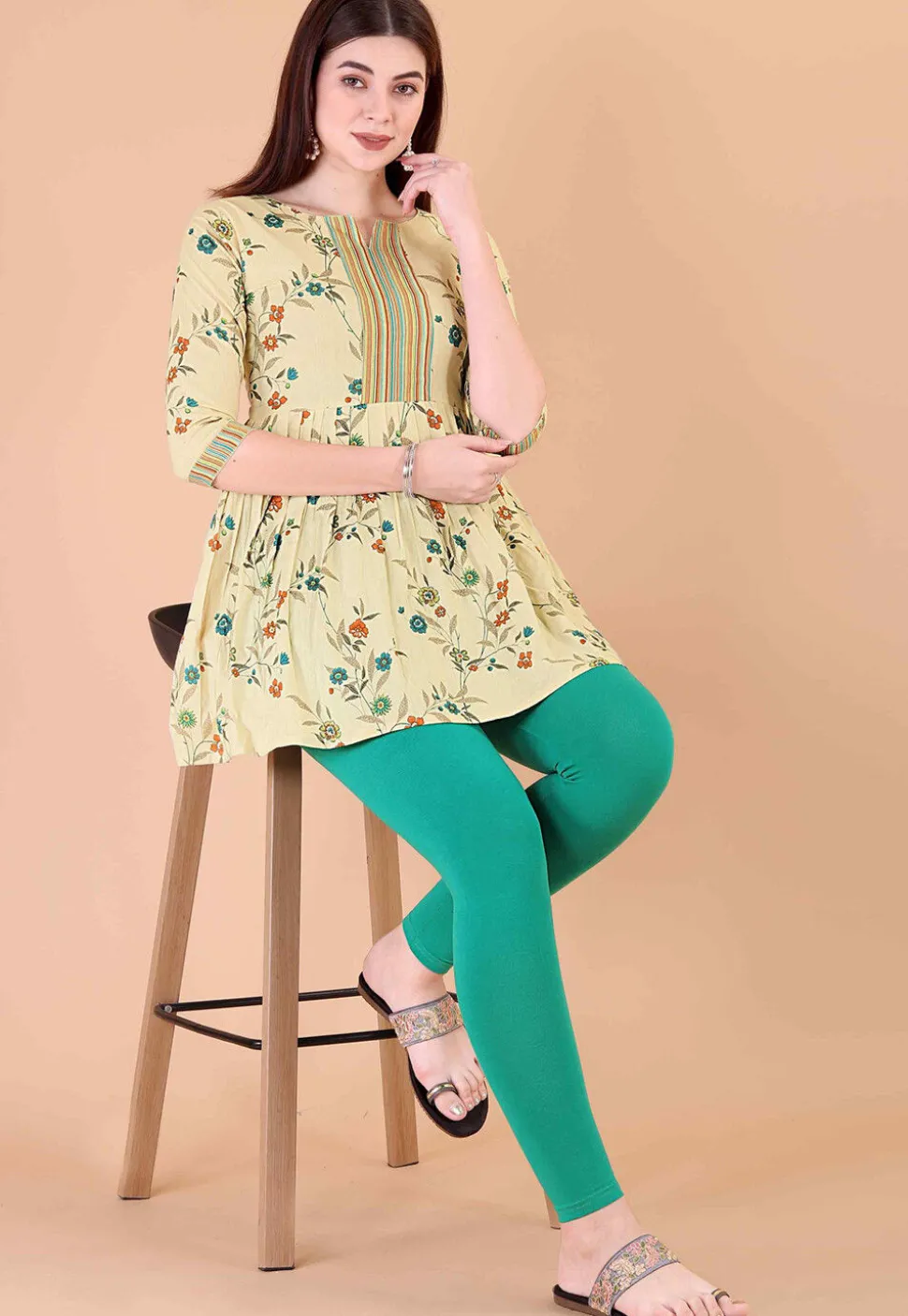 Digital Printed Cotton A Line Kurti in Beige