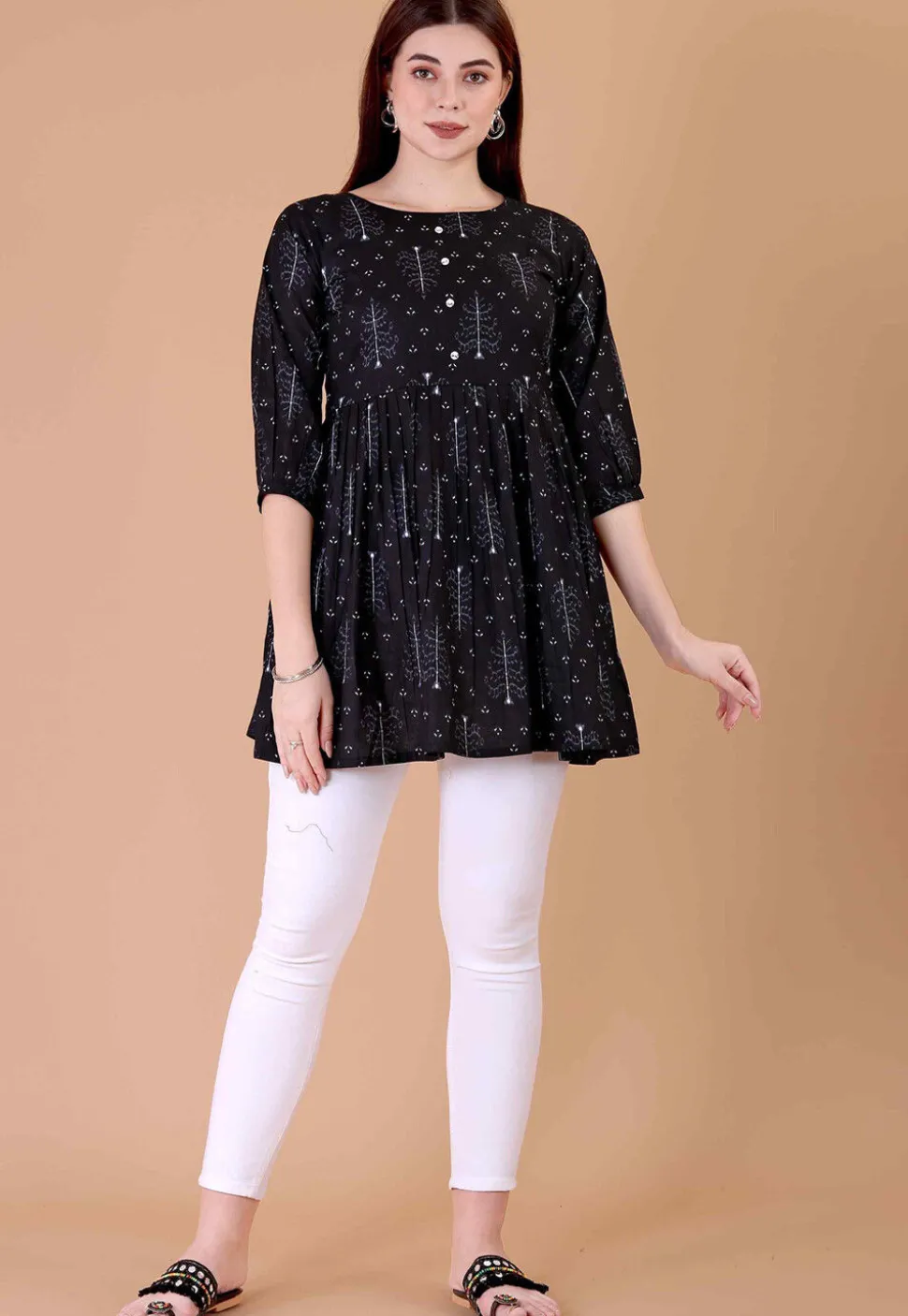Digital Printed Cotton A Line Kurti in Black