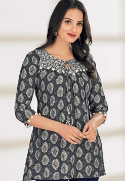 Digital Printed Cotton A Line Kurti in Grey