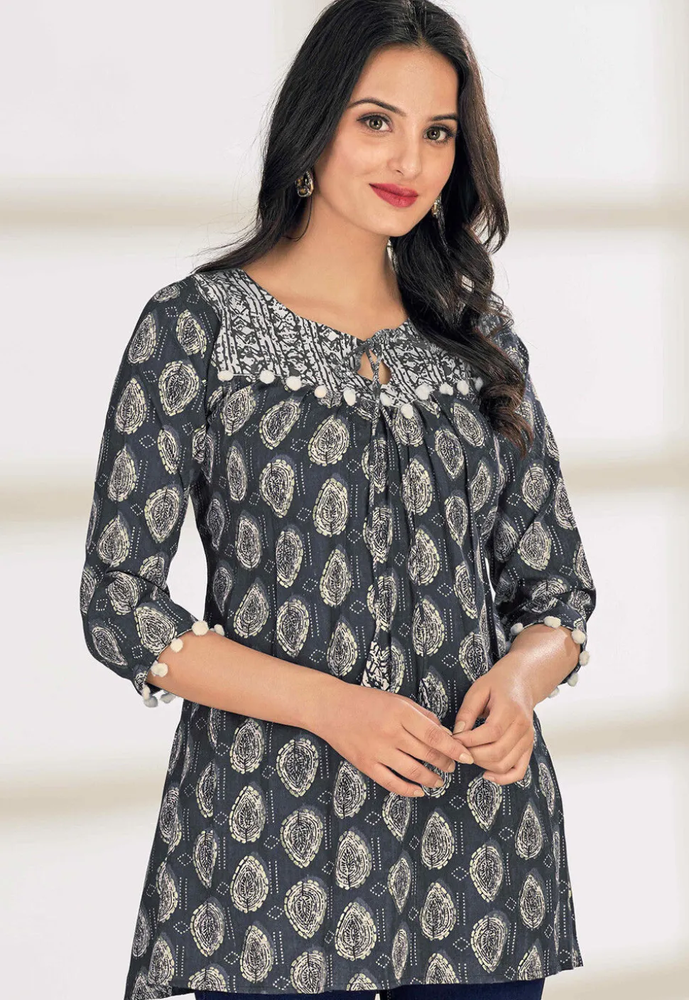 Digital Printed Cotton A Line Kurti in Grey