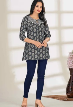 Digital Printed Cotton A Line Kurti in Grey