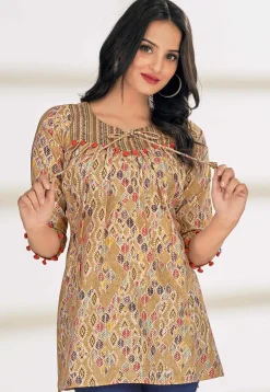 Digital Printed Cotton A Line Kurti in Beige