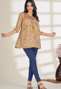 Digital Printed Cotton A Line Kurti in Beige
