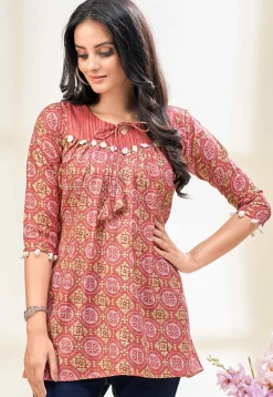 Digital Printed Cotton A Line Kurti in Rust