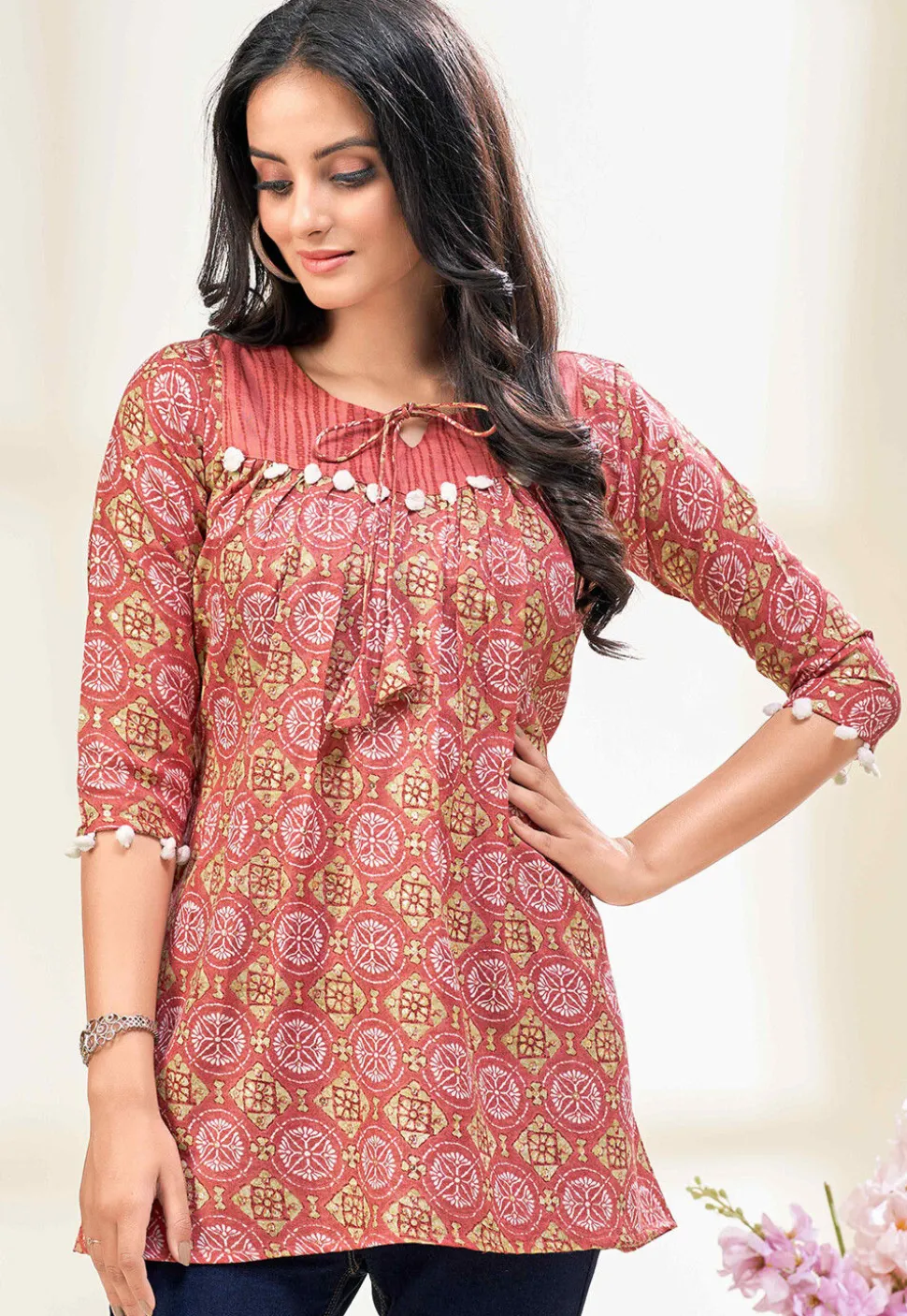 Digital Printed Cotton A Line Kurti in Rust