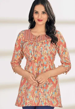 Digital Printed Cotton A Line Kurti in Peach