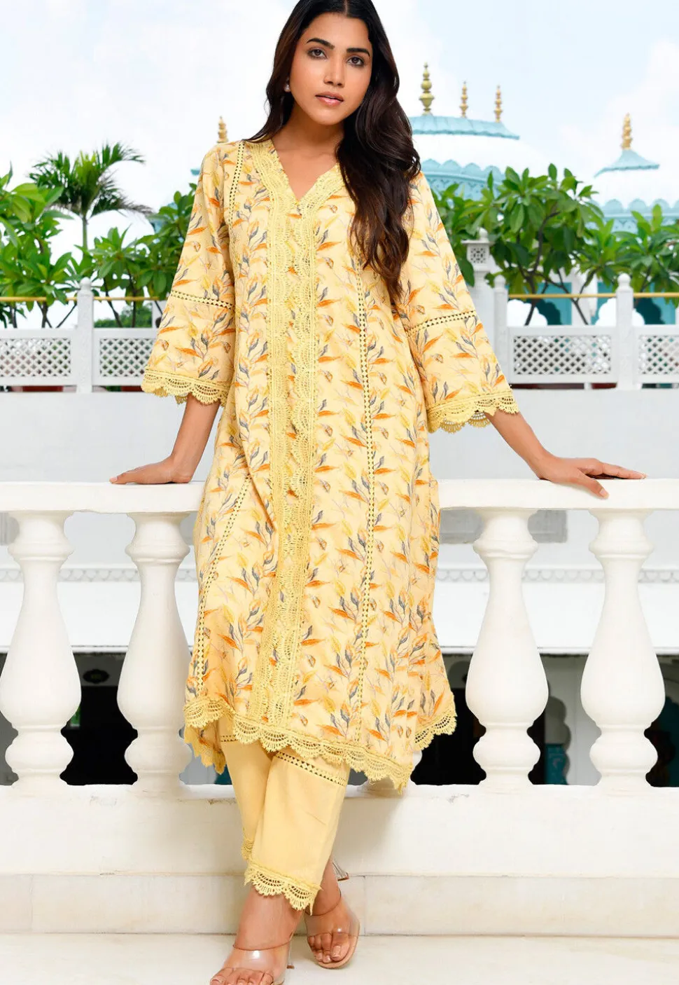 Digital Printed Cotton A Line Kurta Set in Yellow