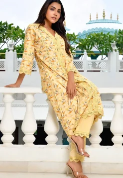 Digital Printed Cotton A Line Kurta Set in Yellow
