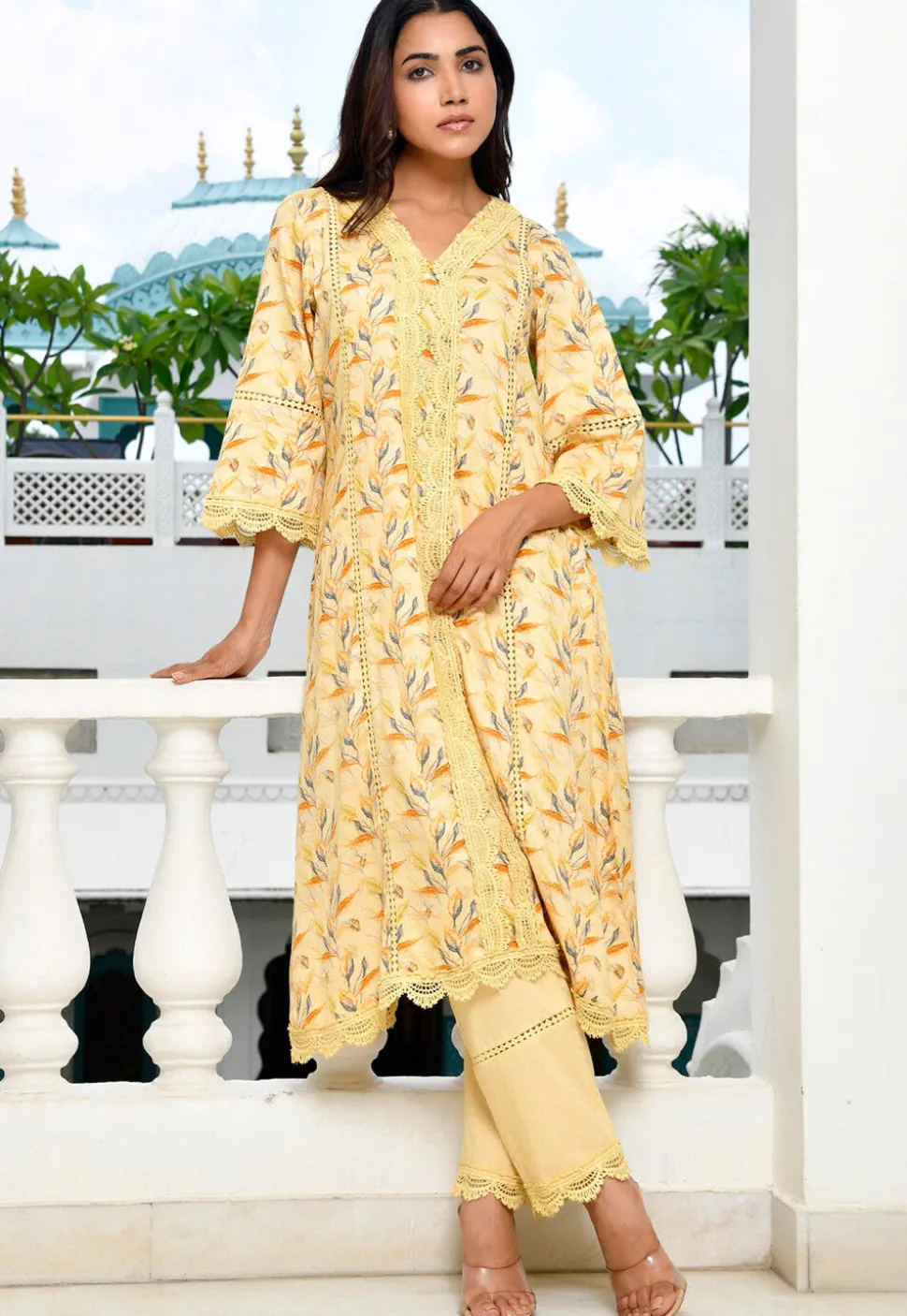 Digital Printed Cotton A Line Kurta Set in Yellow