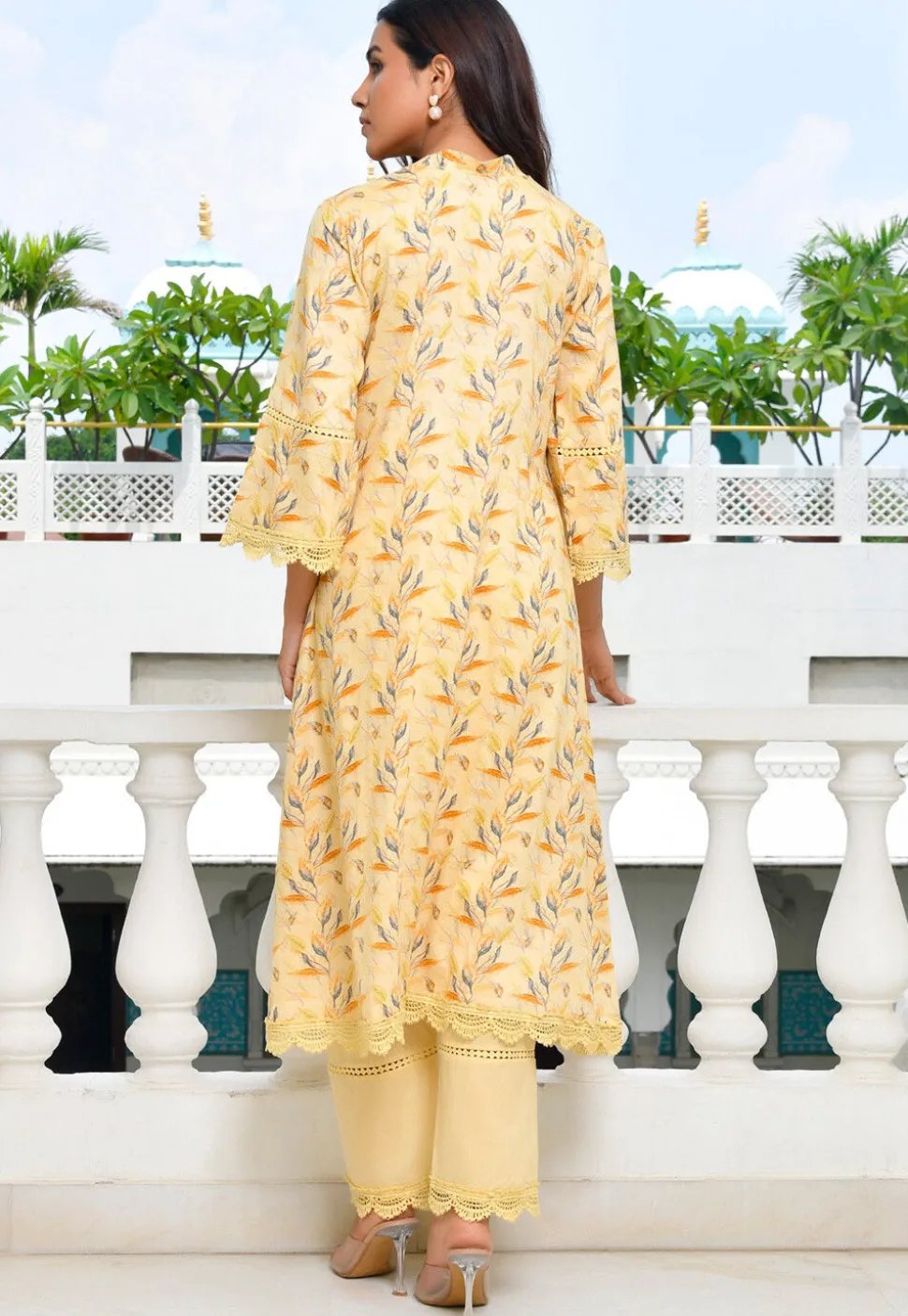 Digital Printed Cotton A Line Kurta Set in Yellow