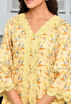 Digital Printed Cotton A Line Kurta Set in Yellow