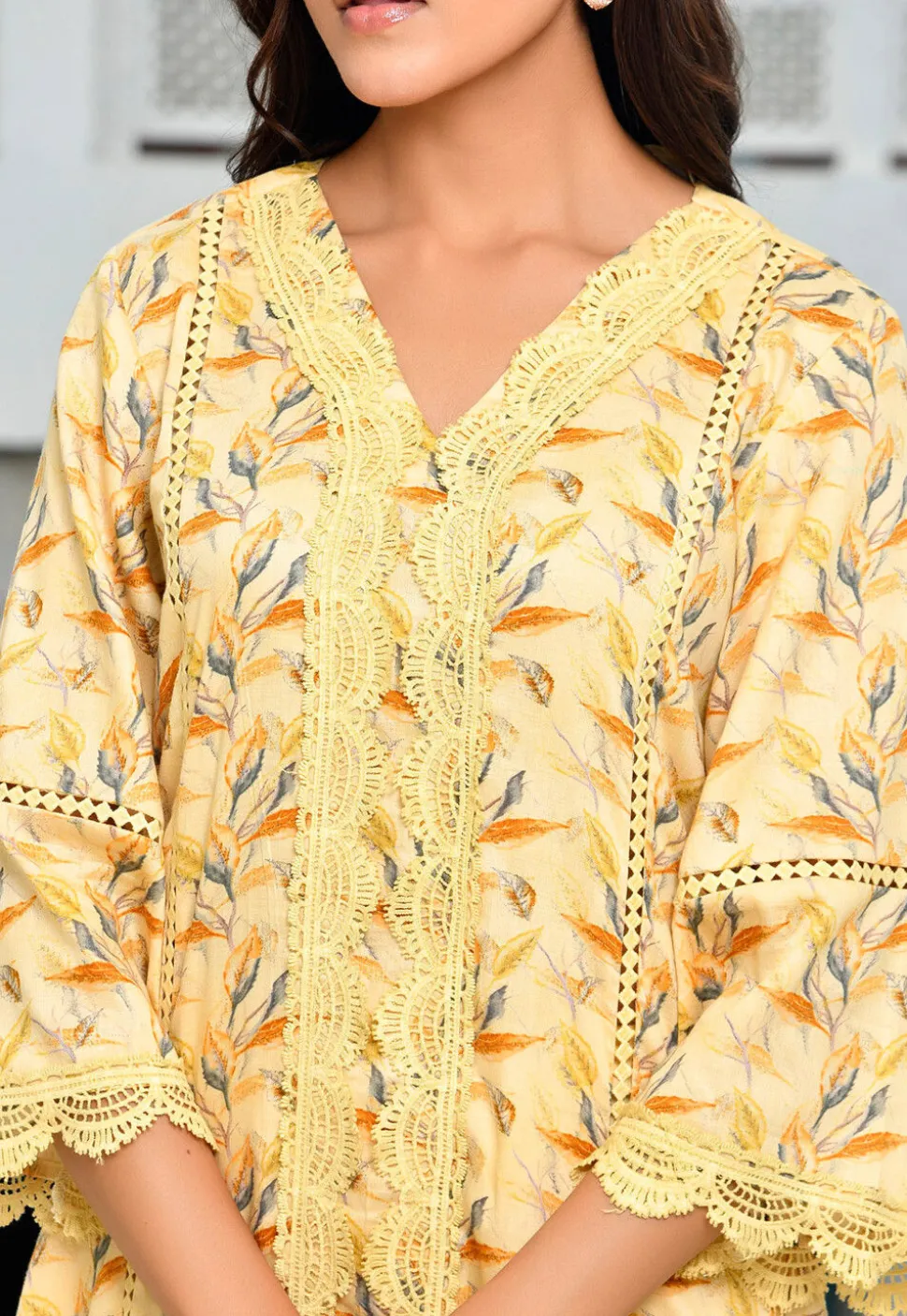 Digital Printed Cotton A Line Kurta Set in Yellow