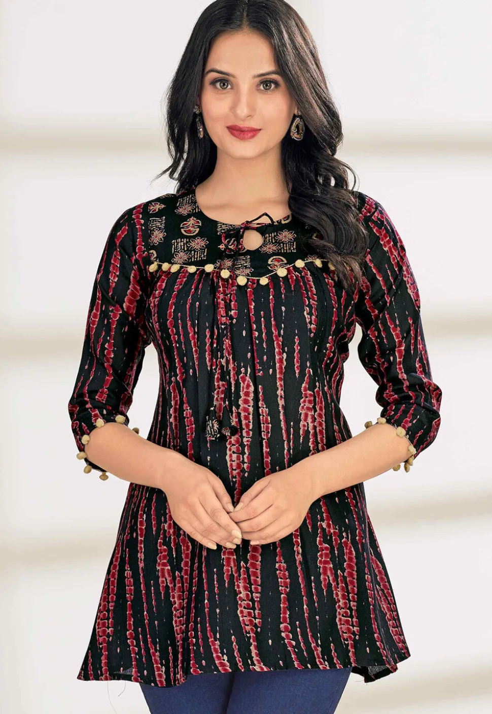 Digital Printed Cotton A Line Kurti in Black
