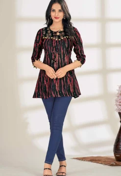 Digital Printed Cotton A Line Kurti in Black