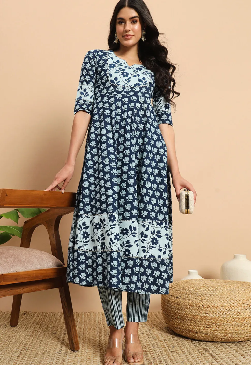 Digital Printed Cotton A Line Kurta Set in Blue