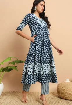 Digital Printed Cotton A Line Kurta Set in Blue